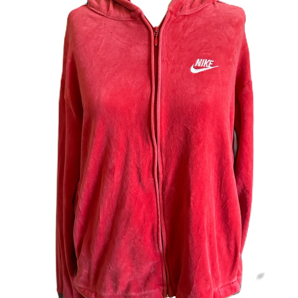 Nike Velour Red Zip Up Hoodie With Gray and White Accent On Sides and Cuffs. XL